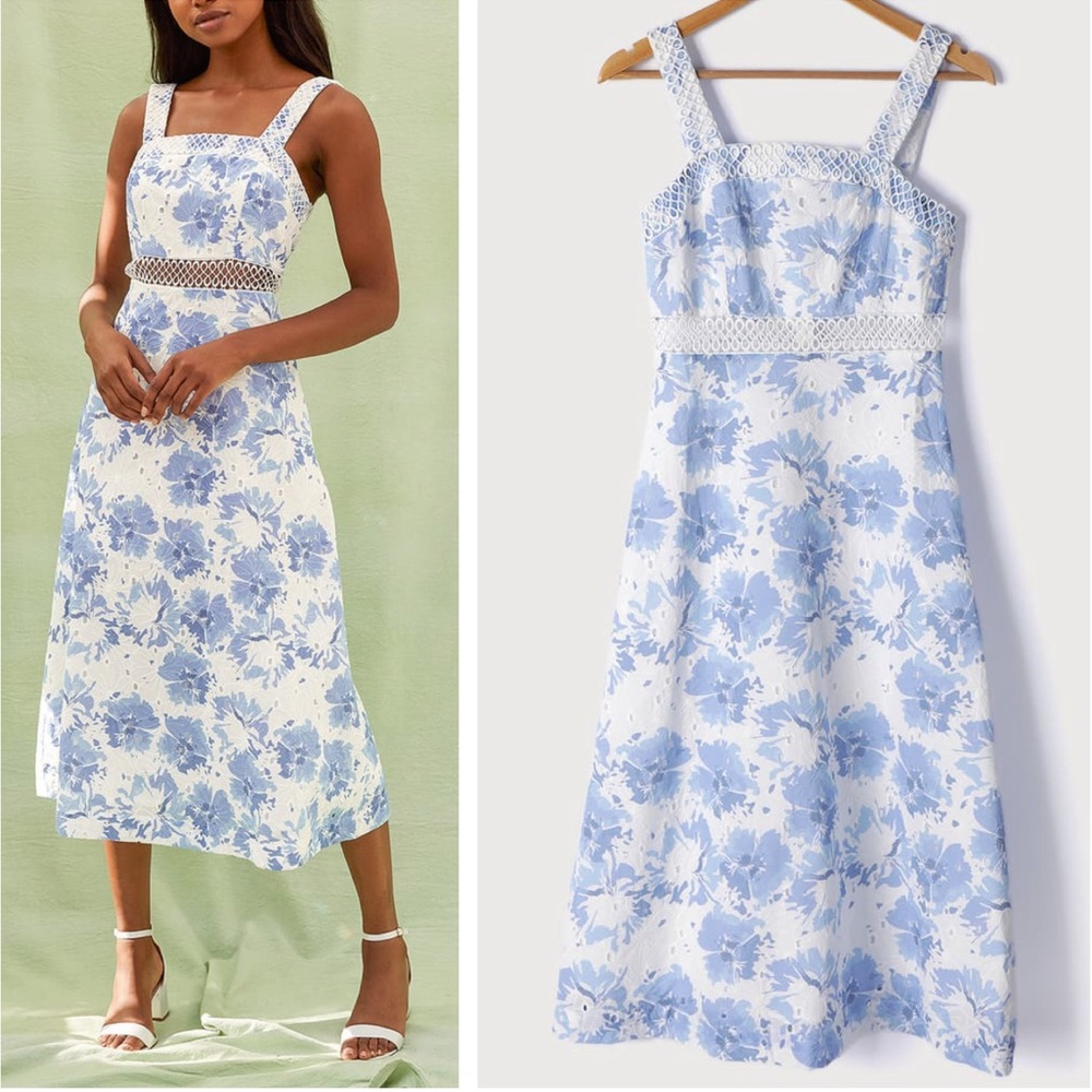 NEW Lulu’s See the World Blue and White Floral Print Midi Dress
